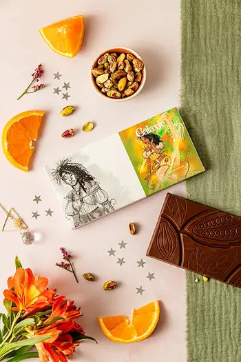 Galaxie, la tablette chocolat noir orange pistache vegan
