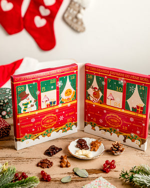 Calendrier de l'Avent Santa express comprenant des fritures en chocolat blanc, lait et noir vegan réalisé par Végéta'Ly