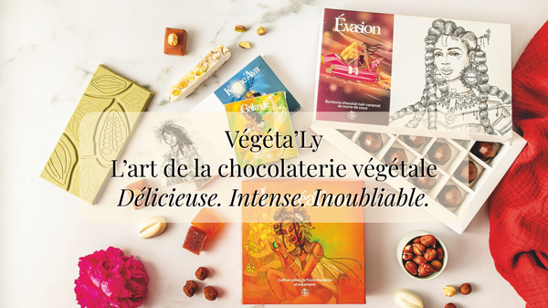 Coffrets de chocolats et confiseries artisanales Végéta’Ly, vegan et sans gluten, aux emballages colorés et illustrés, célébrant l’art de la chocolaterie végétale.