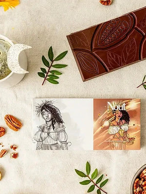 Tablette Nout chocolat noir 71% pur origine Cameroun avec noix de pécans caramélisées vegan et sans gluten réalisé par Végéta'Ly